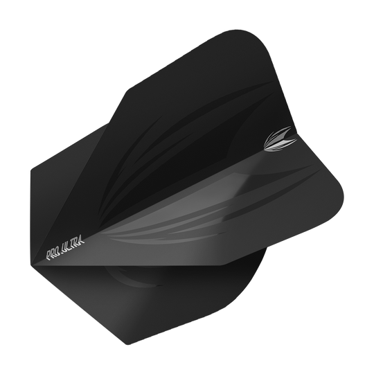 TG407_Target_ProUltra_ID_Black_No6_Flights_2 Das Bild zeigt das Produkt "Target ProUltra ID Black No6 Flights". Es handelt sich um schwarze Dart-Flights mit einem modernen, dezenten Design.