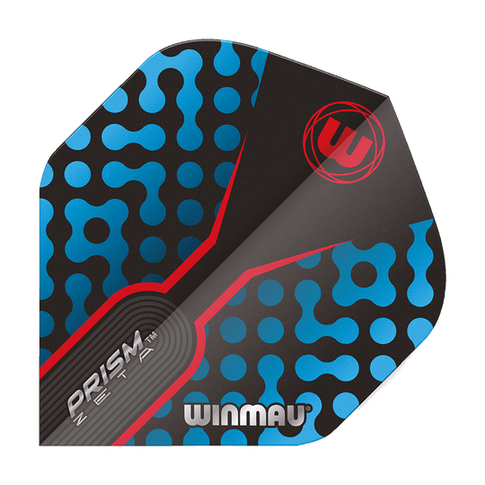 6915-307_Winmau_Prism_Zeta_BlueRed_Standard_Flights_19oCWTE0DNUMYs Dies ist ein Winmau Prism Zeta BlueRed Standard Flight für Dartpfeile. Das Design zeigt blaue Muster auf schwarzem Hintergrund mit roten Akzenten und dem Winmau-Logo.