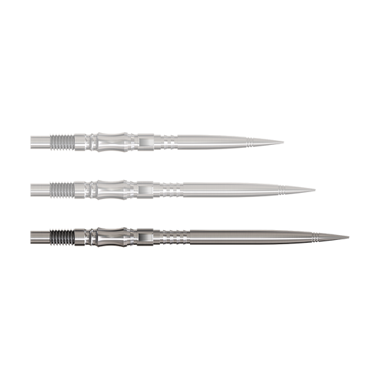 Axis Silver Elite Series Dartspitzen in 40mm sind zu sehen. Sie haben ein silberfarbenes Finish.
