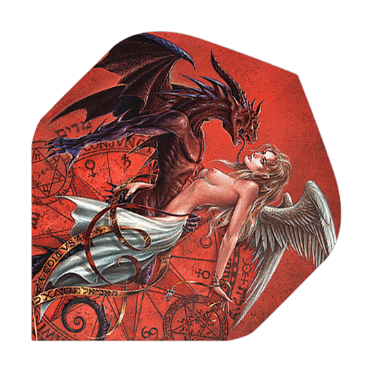 Das Bild zeigt eine kunstvolle Darstellung eines Drachens und eines Engels, die sich eng gegenüberstehen. Im Hintergrund sind mystische Symbole auf einem roten Untergrund zu sehen.