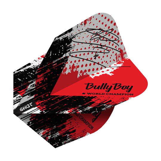 Shot Michael Smith Bully Boy Game Day No6 Flights Das Bild zeigt die "Shot Michael Smith Bully Boy Game Day No6 Flights" mit einem rot-schwarzen Design und Unterschrift. Auf dem Flight steht "Bully Boy World Champion" und das Shot-Logo ist sichtbar.