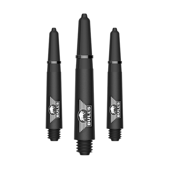 Bulls NL Capo Carbon Shafts - Black Ein Bild mit dem Dateinamen BU55340_BullsNL_Capo_Carbon_Shafts_Schwarz_Short_34mm_1Set. Es handelt sich vermutlich um ein Set aus kurzen schwarzen Carbon-Shafts für Darts.