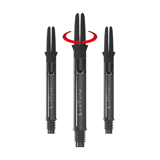 Das Bild zeigt drei schwarze Dart-Schäfte der Marke L-Style in einer geraden Anordnung. Über dem mittleren Schaft befindet sich ein roter Pfeil, der eine Drehbewegung anzeigt.