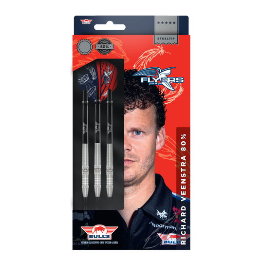 Bulls NL Richard Veenstra 80 steel darts - 23g Die Verpackung zeigt die "Bulls NL Richard Veenstra 80 Steeldarts - 23g". Auf der Vorderseite sind drei Darts und das Porträt eines Mannes abgebildet.