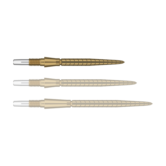 Target Swiss Storm Quartz Dart Tips - Gold Auf dem Bild sind drei goldene Dartspitzen in einer Reihe zu sehen. Sie haben ein spiralförmiges Muster und am hinteren Ende einen silbernen Abschnitt.