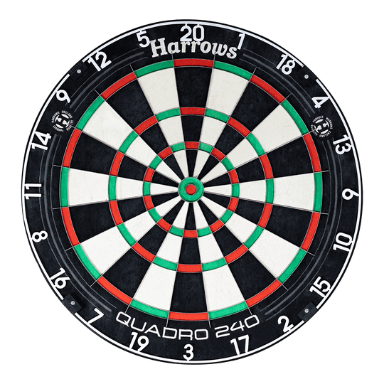 Harrows Quadro 240 steel dartboard Harrows Quadro 240 Steeldartboard ist auf dem Bild zu sehen. Die Segmente und Zahlen sind klar abgebildet.