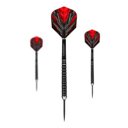 Harrows Supergrip Ultra Quick Point Steel Darts Das Bild zeigt das Harrows Supergrip Ultra Quick Point Steeldarts Set. Die einzelnen Darts werden nebeneinander angezeigt.