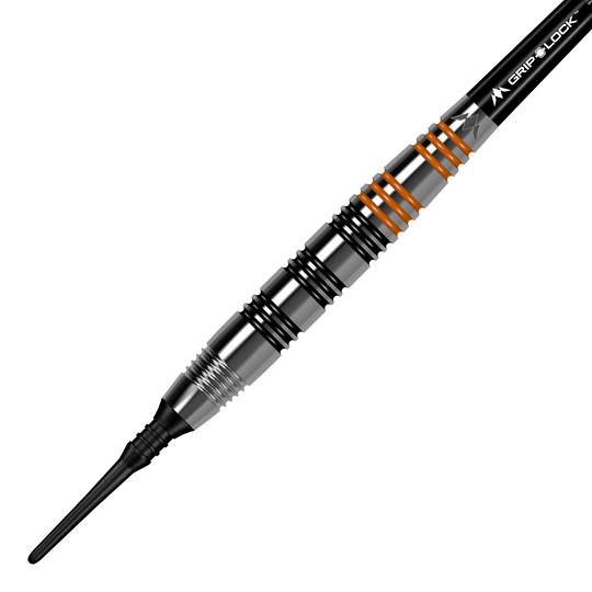 Mission Javan Brass Soft Darts - 18g Das Bild zeigt den "Mission Javan Brass Softdart" mit einem Gewicht von 18g. Der Dartpfeil ist silbern mit schwarzen und orangefarbenen Ringen am Griff.