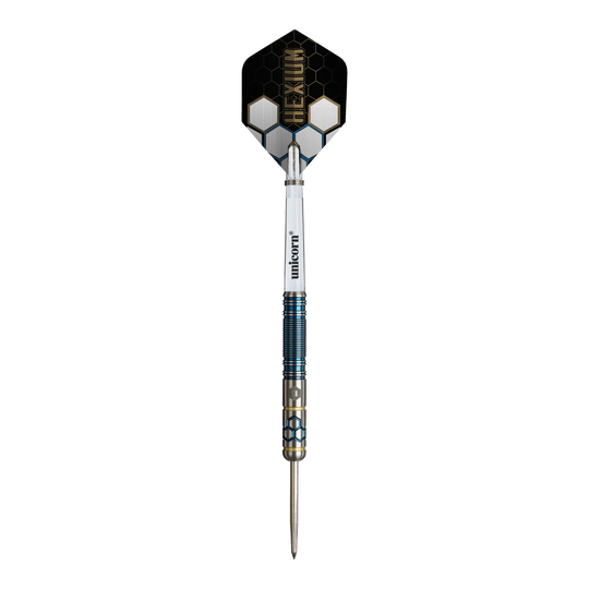 Unicorn Hexium Style 02 Blue & Gold Steeldarts Abgebildet sind die Unicorn Hexium Style 02 Blue & Gold Steeldarts. Die Farbkombination aus Blau und Gold ist auffällig.