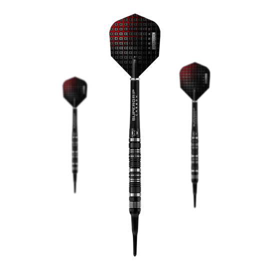 Das Bild zeigt drei Harrows Magnum Reloaded Softdarts. Die Darts sind schwarz mit roten Akzenten und haben einen modernen, sportlichen Look.