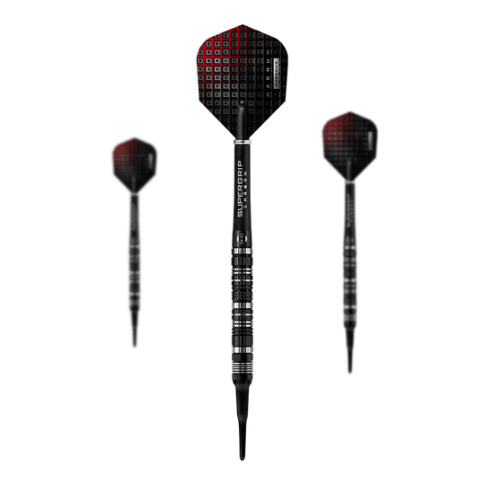 Harrows Magnum Reloaded soft darts Das Bild zeigt drei Harrows Magnum Reloaded Softdarts. Die Darts sind schwarz mit roten Akzenten und haben einen modernen, sportlichen Look.