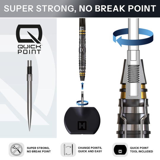 Harrows NX Luxe Tapered Quick Point Steeldarts Gezeigt wird ein Steeldartpfeil mit schlankem, strukturiertem Griff. Der Pfeil ist seitlich angeordnet.