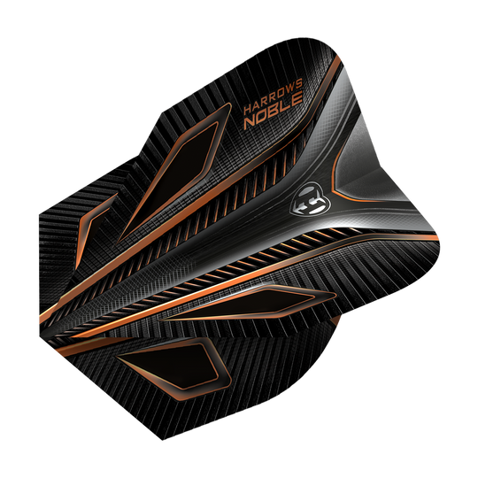 HR5_Harrows_Noble_Rich_Gold_Standard_Flights_2 Das Bild zeigt das Produkt "Harrows Noble Rich Gold Standard Flights". Das Flight ist schwarz mit goldenen und orangen Akzenten sowie einem modernen, geometrischen Design.