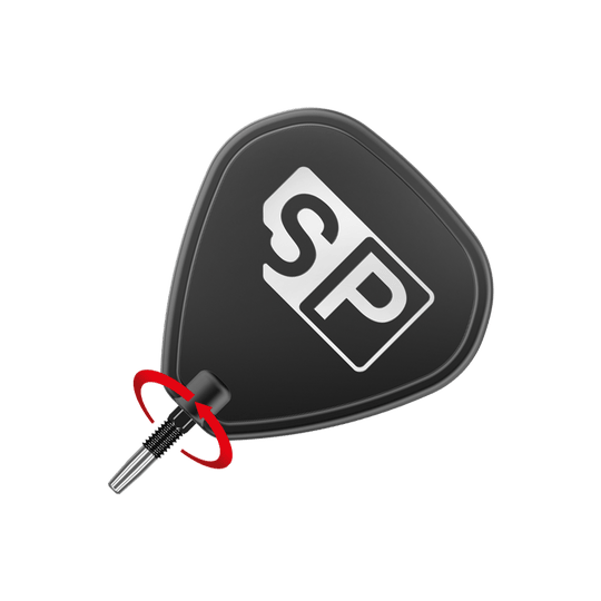 Target Swiss Firepoint Black dart tips Das Bild zeigt eine schwarze Dartspitze mit den weißen Buchstaben "SP" darauf. Ein roter Pfeil deutet auf eine Drehbewegung an der Verbindung der Spitze hin.