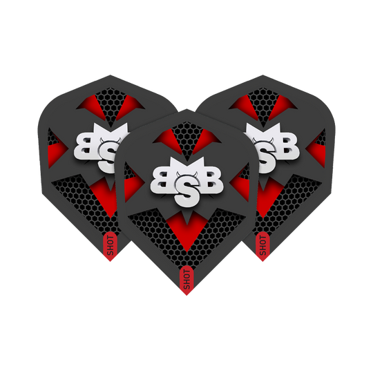 Shot Michael Smith Tenacious No6 Flights Das Bild zeigt drei Dart-Flights mit dem Aufdruck „BSB“ und einem modernen, schwarzen und roten Design. Am unteren Rand der Flights steht das Wort „SHOT“.