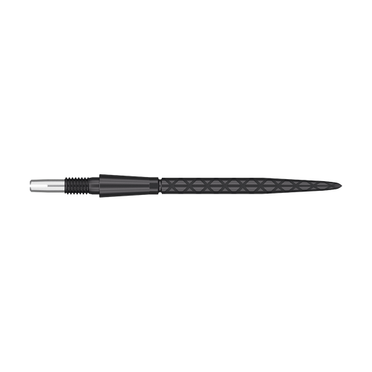 Target Swiss Storm Diamond Point Dart Tips - Black Das Bild zeigt eine schwarze Dartspitze mit einer feinen, rautenförmigen Gravur. Die Spitze ist lang und schmal, mit silbernen und schwarzen Elementen.