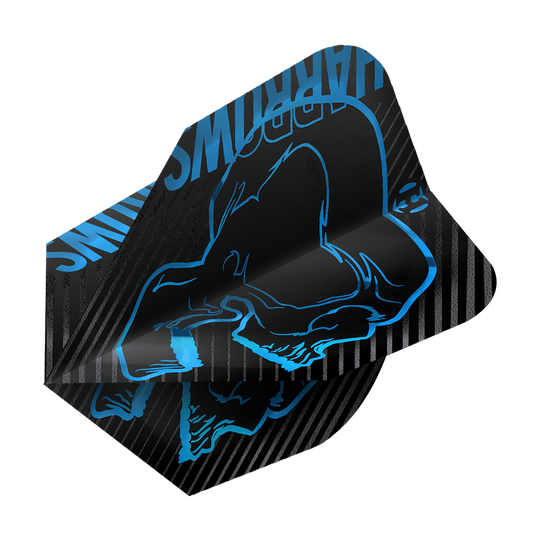 Harrows Rage Aqua No. 6 Flights Das Bild zeigt ein Dart-Flight des Modells "Harrows Rage Aqua No6". Das Flight ist schwarz mit einem blauen Motiv und Schriftzug gestaltet.