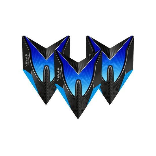 HR1012_Harrows_Blue_2020_Velos_Flights_1ngw56xqiZA3ZG Das Bild zeigt drei blaue Harrows Velos Flights für Dartpfeile. Das Design ist modern und besteht aus Blau-, Schwarz- und Grautönen.