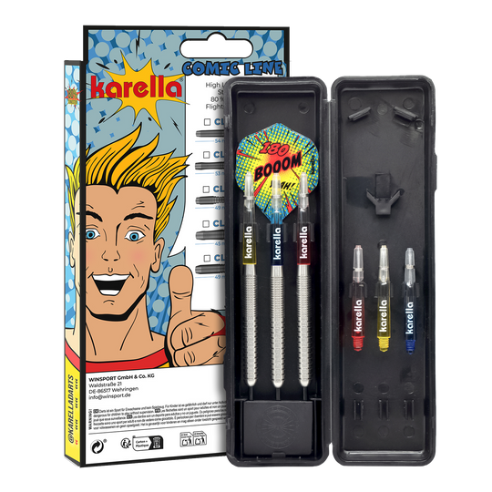 Hier sehen Sie den Karella Comic Line CL-1 Steeldarts - 22g. Das Foto präsentiert Details des Dartpfeils.