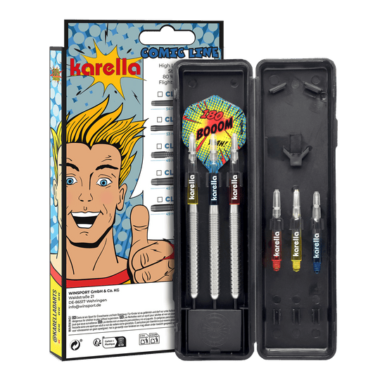 Karella Comic Line CL-1 steel darts - 22g Hier sehen Sie den Karella Comic Line CL-1 Steeldarts - 22g. Das Foto präsentiert Details des Dartpfeils.