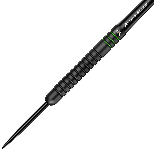M001325_Mission_Martin_Lukeman_Black_Titanium_Steeldarts_2 Das Bild zeigt einen Mission Martin Lukeman Black Titanium Steeldart mit einem Gewicht von 25g. Der Dart ist schwarz und hat grüne Akzente sowie eine gerillte Griffzone.