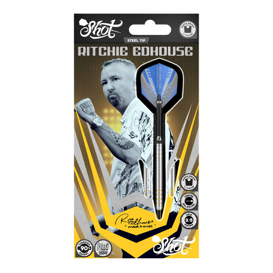 Shot Ritchie Edhouse Core Steel Darts Das Bild zeigt die Shot Ritchie Edhouse Core Steeldarts aus einer anderen Perspektive. Die Darts sind präzise verarbeitet und ideal für Profis.