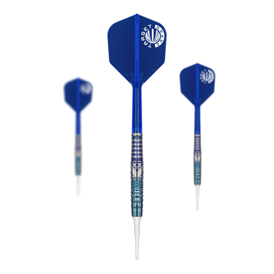 Target Japan Cathy Leung Charis GEN5 Soft Darts - 19g Das Bild zeigt drei blaue Softdarts aus der Serie "Target Japan Cathy Leung Charis GEN5 - 19g". Die Spitzen sind weiß, und die Flights tragen das Target-Logo.
