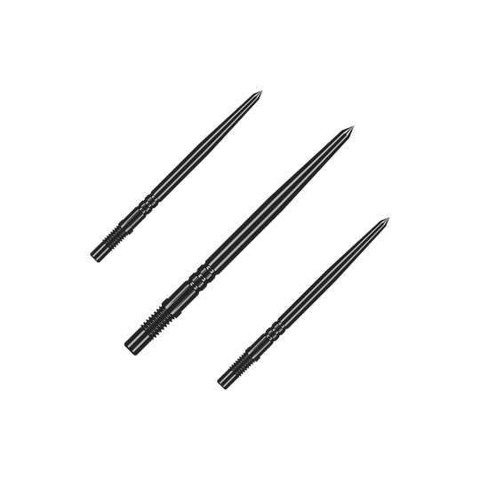 Shot Turbo Point Dart Tips - Black Mehrere schwarze Dartspitzen gleicher Bauart liegen nebeneinander. Die Spitzen sind ein Zubehör für Steeldarts.