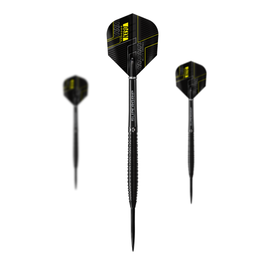 Das Bild zeigt drei schwarze Steeldarts der Marke Harrows NX90 Black-Edition. Die Darts haben gelbe Akzente und sind mit "SUPERGRIP" beschriftet.