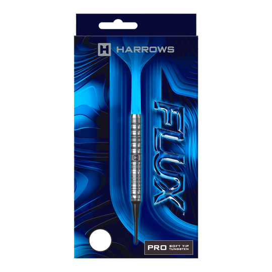 Harrows Flux Softdarts mit 20g sind abgebildet. Die Darts sind hell und modern geformt.