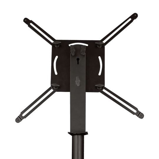 1702_McDart_Hybrid_2_Pro_Dartboardst-nder_5 Das Bild zeigt den McDart Hybrid Pro Tripod Dartboardständer. Der Dartboardständer ist schwarz und hat vier ausklappbare Halterungen.