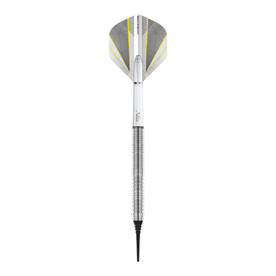 Red Dragon Seren 1 Pure Softdarts - 20g Das Bild zeigt einen Red Dragon Seren 1 Pure Softdart mit einem Gewicht von 20 Gramm. Der Dart ist silberfarben und hat eine weiße und gelbe Flight.
