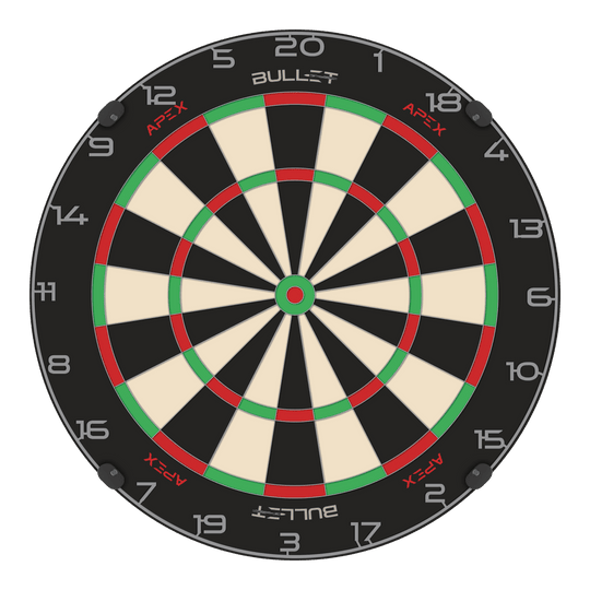 Bullet Apex steel dartboard Abgebildet ist das Bullet Apex Steeldartboard. Das Produkt wird deutlich dargestellt.