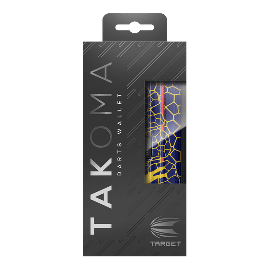 Target Takoma Josh Rock dart case Dies ist das Target Takoma Josh Rock Dartcase in einer eleganten schwarzen Verpackung. Durch das Sichtfenster sieht man das Design des Dartcases mit einem blauen und gelben Wabenmuster.