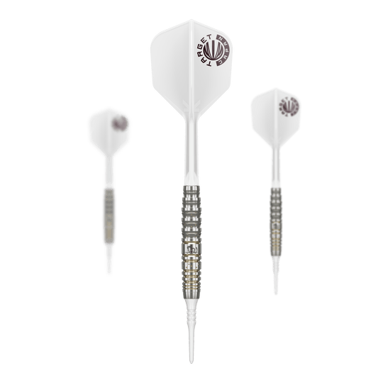 Target Japan Prime Series Mayujo Morita GEN6 Soft Darts - 18g Das Bild zeigt drei Softdarts der Serie „Target Japan Prime Series Mayujo Morita GEN6“ mit einem Gewicht von 18g. Die Darts haben weiße Flights und einen silber-schwarzen Barrel mit goldenen Akzenten.