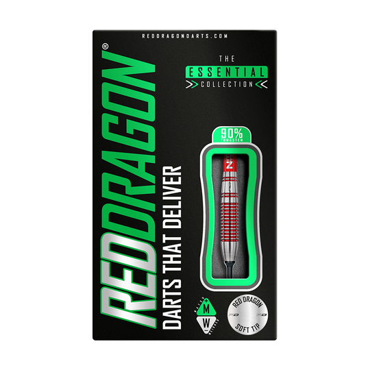 RD2137_Red_Dragon_Reflex_Softdarts_3 Die Abbildung zeigt die Verpackung der "Red Dragon Reflex Softdarts - 22 g". Auf der Packung sind ein Dartpfeil sowie Hinweise zu Material und Marke deutlich sichtbar.
