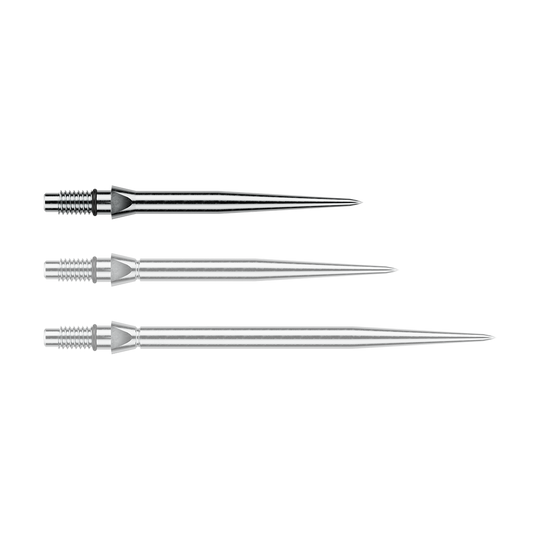 Das Bild zeigt eine silberne Steeldartspitze mit glattem Design. Die Länge beträgt vermutlich 26 mm.
