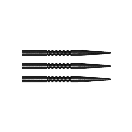 MCD15_McDart_Black_Ghost_Steeldartspitzen_32mm_1 Das Bild zeigt drei schwarze Steeldartspitzen der Marke McDart Black Ghost. Die Spitzen sind gerade und haben eine gerillte Oberfläche für besseren Halt.