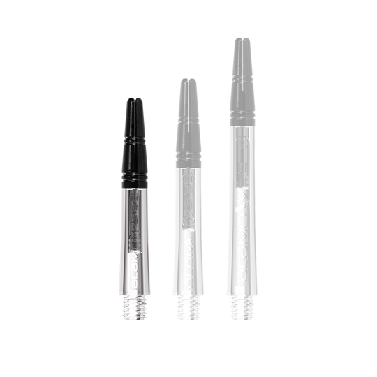Harrow's Alamo VS2 Shafts - Clear Auf dem Bild sind drei unterschiedlich lange, transparente und schwarze Dartschäfte abgebildet. Sie stehen nebeneinander auf weißem Hintergrund.