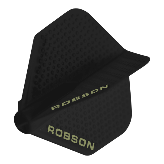 Robson Plus Dimple Flights - Black Dies ist ein schwarzer Dartflight mit einer Dimple-Oberfläche. Auf dem Flight steht der Schriftzug „ROBSON“ in heller Farbe.