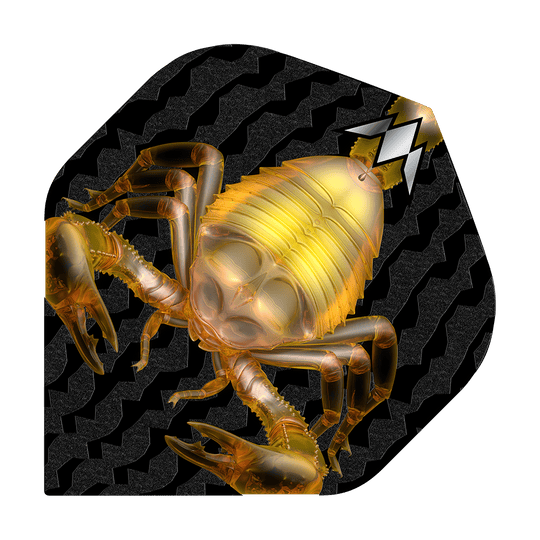 Mission Solo Scorpion No2 Standard Flights Das Bild zeigt das Produkt "Mission Solo Scorpion No2 Standard Flights" mit einer goldenen Skorpion-Grafik. Der Hintergrund ist schwarz mit einem wellenförmigen Muster.