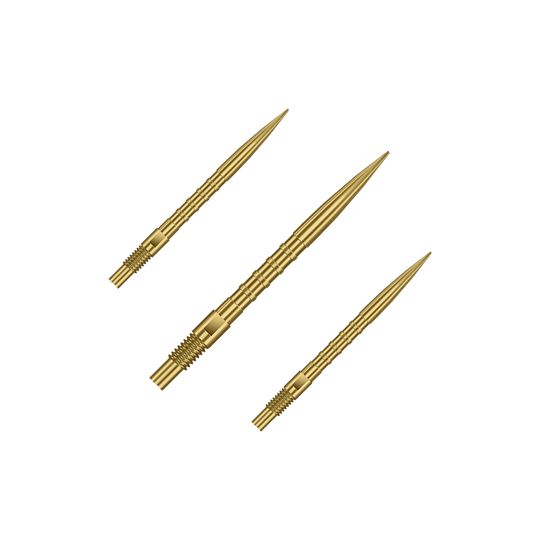 Harrows Quick Point Heavy Metal Dart Tips - Gold Abgebildet sind goldene Dartspitzen mit 26mm Länge, dargestellt als ein Set. Es handelt sich um Harrows Quick Point Heavy Metal Grip Dartspitzen Gold 26mm im Set.