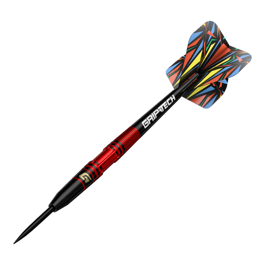 GOAT Athlete Red Brass Steeldarts - 11g Dies ist der GOAT Athlete Red Brass Steeldart mit einem Gewicht von 11g. Er hat ein auffälliges, bunt gemustertes Flight-Design und einen roten Griffbereich.