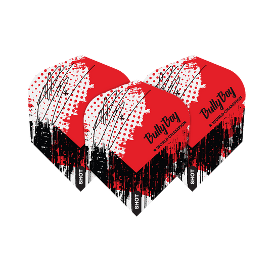 Das Bild zeigt drei Dart-Flights mit einem roten, weißen und schwarzen Farbmuster. Auf den Flights steht „Bully Boy ★ WORLD CHAMPION“ und „SHOT“.