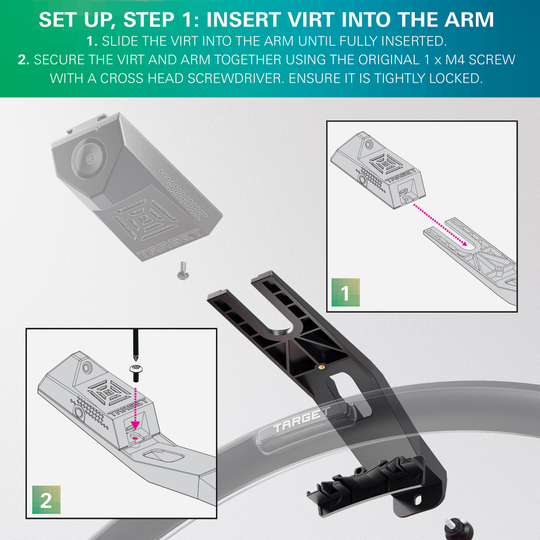 Abgebildet ist der Target OMNI VIRT Kamera Arm. Der Kameraarm dient zur Befestigung und Positionierung einer Kamera für den Dartsport.