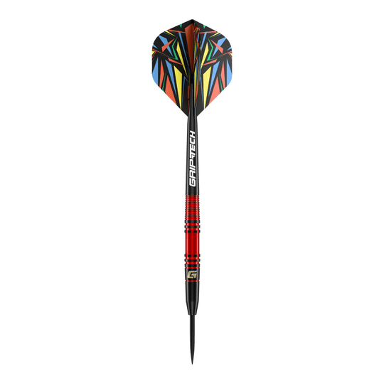 GOAT Athlete Red Brass Steeldarts - 11g Das Bild zeigt einen GOAT Athlete Red Brass Steeldart mit einem Gewicht von 11g. Er hat einen roten Schaft und bunte Flights mit geometrischen Mustern.