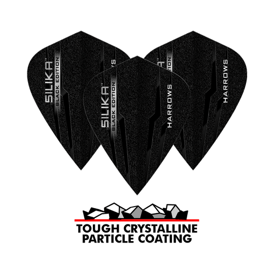 Harrows Silika Black Edition Kite Flights Das Bild zeigt drei schwarze Harrows Silika Black-Edition Kite Flights mit glänzender Beschriftung. Darunter steht „Tough Crystalline Particle Coating“ mit einer Grafik von Kristallen.