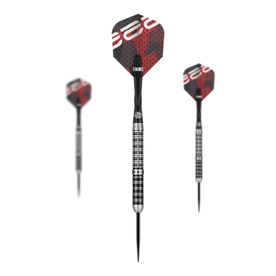 Das Bild zeigt drei Steeldarts des Modells "Shot Niels Zonneveld V2". Die Darts haben silber-schwarze Spitzen und Schäfte sowie rote und schwarze Flights mit Muster.