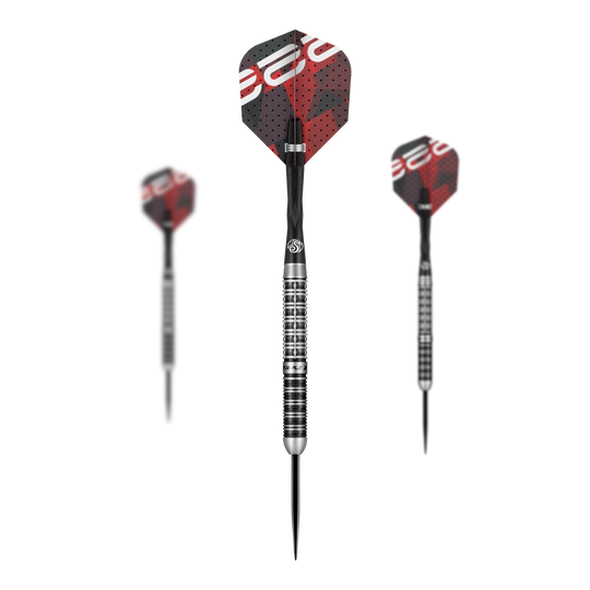 Shot Niels Zonneveld V2 steel darts Das Bild zeigt drei Steeldarts des Modells "Shot Niels Zonneveld V2". Die Darts haben silber-schwarze Spitzen und Schäfte sowie rote und schwarze Flights mit Muster.