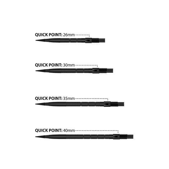 Das Bild zeigt Harrows Quick Point Micro Ridge Dartspitzen in Schwarz. Die Dartspitzen sind schlank und für präzises Werfen geeignet.